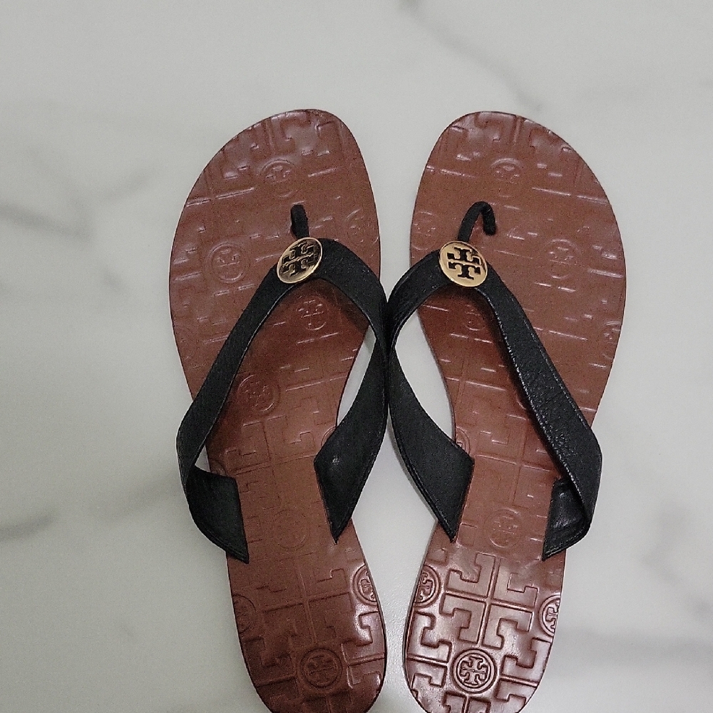 Tory Burch Black and Brown Sandals with Gold Logo